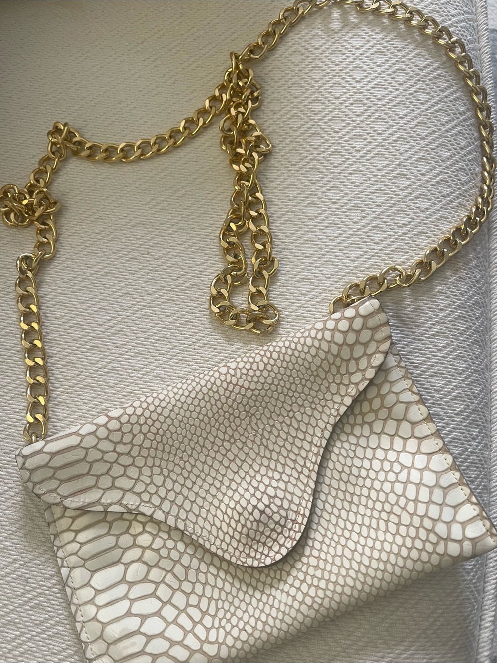 Ivory Snake-Embossed Crossbody Clutch with Gold Chain